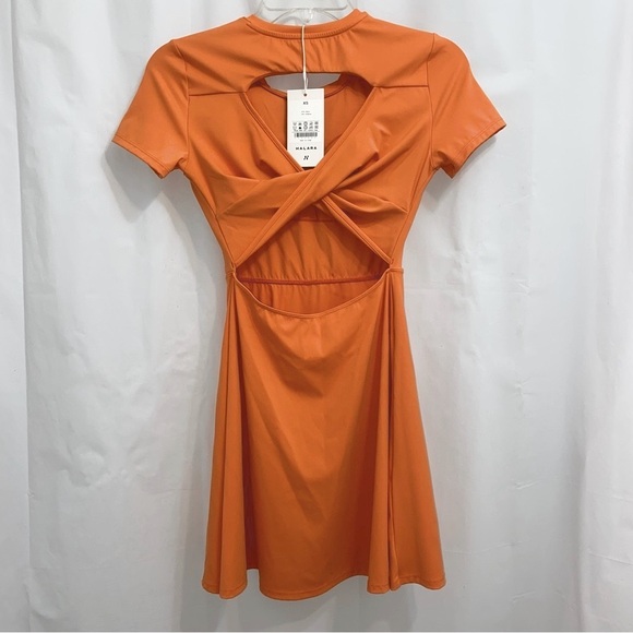 Halara Orange Twisted Cut Out Flare Mini Dance Active Short Sleeve Dress - Picture 6 of 9
